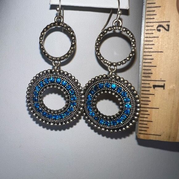 Boho Silver Tone Circle Dangle Earrings with Turquoise Blue Crystals - Picture 5 of 8